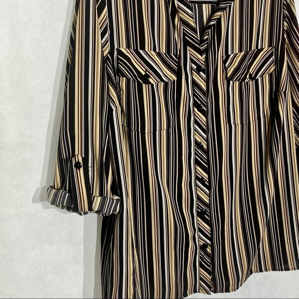 Elementz Stipped Blouse Roll-up Long Sleeve w/tab Brown, Tan, White 2X - Picture 4 of 10